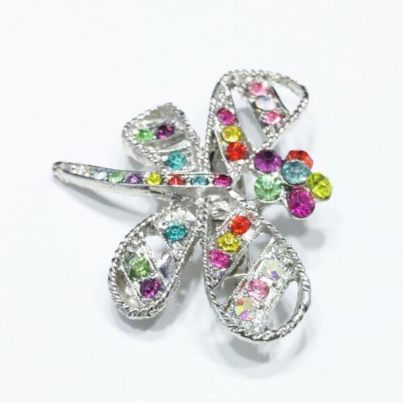 Dragonfly & Flower Brooch, Multicolored Rhinestones, Silver Tone, 1 3/4 Inches - Picture 2 of 9
